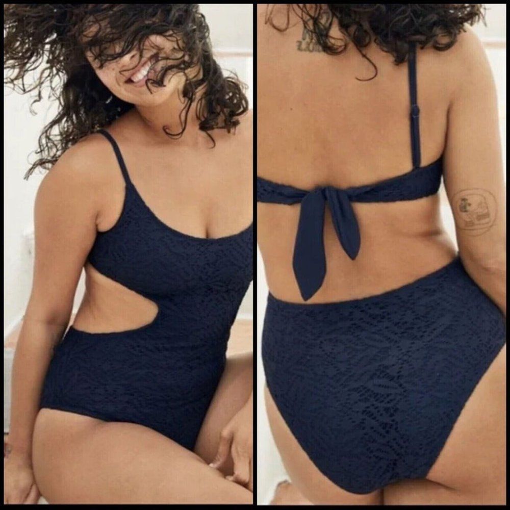 Aerie OnePiece Cheeky Crochet Lace Scoop Navy Blue Swimsuit Size XL NWOT
